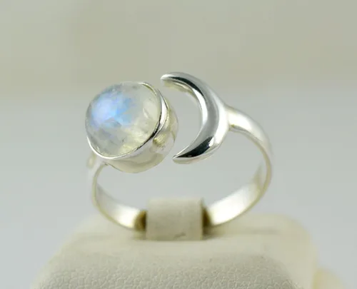 Miniatura 4 de Navya Craft Anillo de plata de ley 925 con piedra lunar y luna creciente, ajustable, para mujer, piedra lunar arcoíris natural, joyería hecha a
