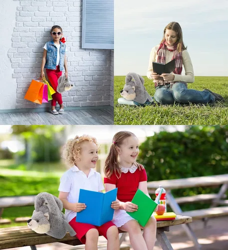 Miniatura 5 de DolliBu Bolsa de felpa de lobo gris, bolso de peluche súper suave para niños, bolsa de felpa de lobo salvaje esponjosa para niñas y niños, 8 pulgadas