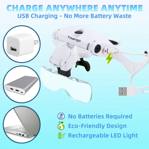 Miniatura 5 de Lupa de diadema iluminada recargable, herramienta de aumento manos libres para joyas, extensiones de pestañas, reparación de relojes, punto de cruz