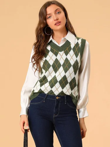 Miniatura 2 de Allegra K Suéter de punto Argyle a cuadros para mujer, Café