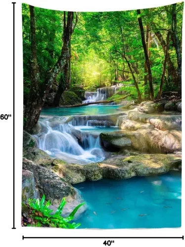 Miniatura 6 de BELECO Tapiz de bosque verde, hermoso tapiz de cascada de selva tropical, bosque de primavera, paisaje natural, fondo de fotos, tapices de pared