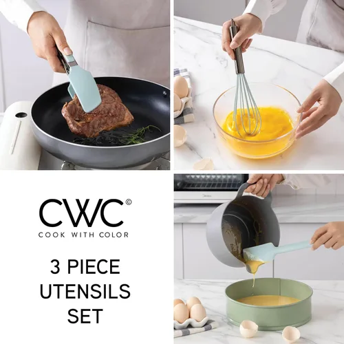 Miniatura 5 de COOK WITH COLOR - Juego de pinzas de cocina y barbacoa de acero inoxidable con punta de silicona, 3 piezas de utensilios, verde Menta