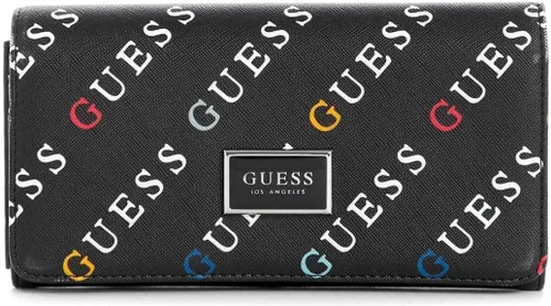 GUESS Bolso de embrague grande de la cartera del organizador de la impresión del logotipo del multicolor, Negro -, Cartera grande