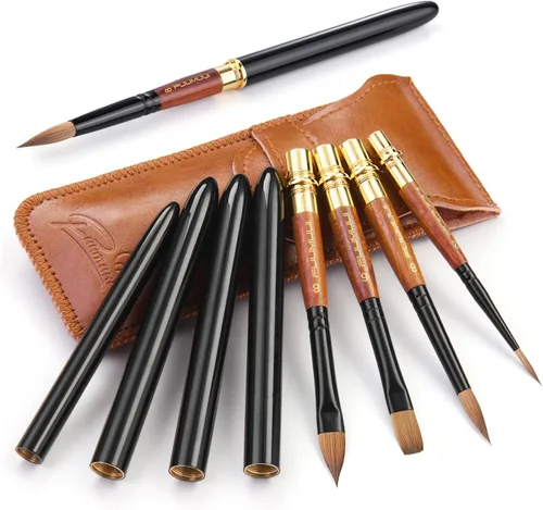 Miniatura 7 de Pinceles de acuarela para viajes, Fuumuui 3 piezas Plein Air elegantes pinceles Sable para acuarela con estuche de cuero de bolsillo, perfectos