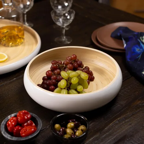 Miniatura 4 de LEXA Frutero de madera de bambú blanco hecho a mano de 12 pulgadas para encimera de cocina, cuenco de ensalada de madera de bambú grande ligero