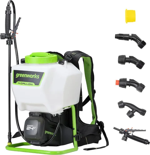 Greenworks Rociador inalámbrico de mochila de 24 V (4 galones, 5 puntas, espray de 25 pies), para deshierbe, pulverización y limpieza, solo