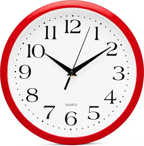 Bernhard Products - Reloj de cuarzo de pared rojo, silencioso, sin tictac, 12 pulgadas, a pila, redondo, fácil de leer