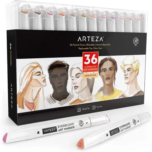 ARTEZA Everblend - Juego de marcadores de alcohol en tono de piel, 36 tonos, bolígrafos de boceto con doble punta, cincel fino y ancho