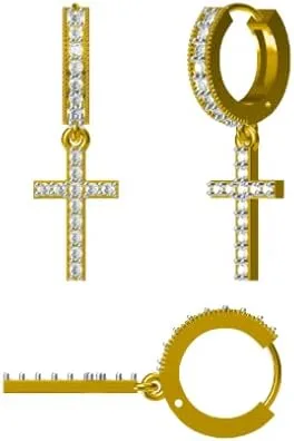 TISHYA JEWELLERS Pendientes de aro colgantes con cruz de diamantes redondos de 2.00 quilates para hombre de oro amarillo de 14 quilates Fn, Piedra,