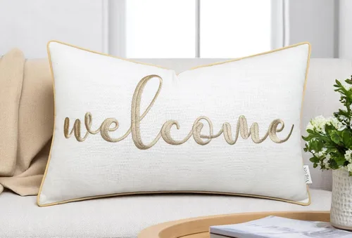 Welcome Quote - Funda de almohada lumbar de 12 x 20 pulgadas, acento de algodón bordado marfil Bienvenido(marfil)bis