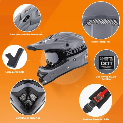 Miniatura 3 de OUMURS Casco de ATV Bicicleta de Tierra para Adultos con Gafas Guantes y Máscara Visera Solar Ajustable Casco de Motocicleta para Adultos Gris