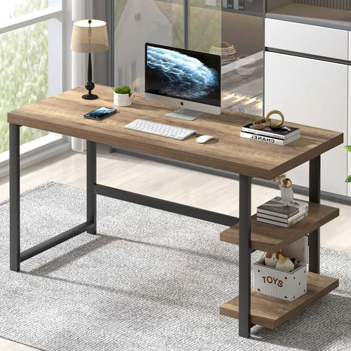 Miniatura 17 de FOLUBAN Escritorio para computadora de 47 pulgadas, escritorio pequeño para el hogar y oficina con estantes de almacenamiento, mesa de estudio, Nogal