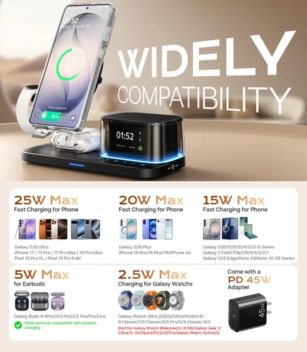 Miniatura 3 de Meifigno Estación de carga 5 en 1 de 25 W para Galaxy S26 Ultra con altavoz Bluetooth, reloj despertador, luz nocturna, cargador inalámbrico