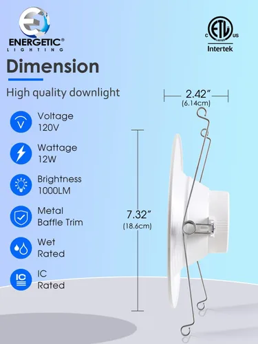 Miniatura 2 de Energetic - Lata de iluminación LED empotrable de 5/6 pulgadas, luz empotrable regulable, 12 W = 150 W, blanco cálido 3000 K, 1000 lm, clasificación