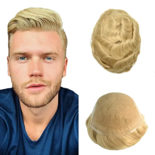 Miniatura 17 de Toupee para hombres pieza de pelo suave suizo encaje real sistema de cabello humano reemplazo blanqueado nudo mens tupé sistema de pelo para hombres