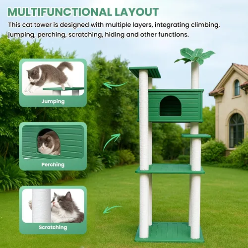 Miniatura 2 de Torre de árbol para gatos resistente a la intemperie de 66 pulgadas de alto, multinivel, condominio grande para gatos con tablero de PVC y postes