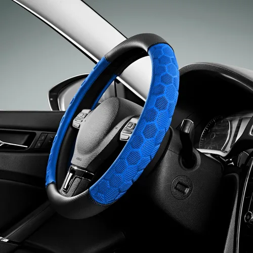 PIC AUTO Funda de cuero para volante de automóvil con masaje, material de patrón de fútbol azul, funda protectora universal para volante de