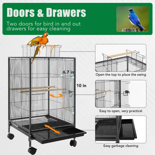 Miniatura 3 de BestPet Jaula de hierro forjado de 35 pulgadas con parte superior abierta y soporte rodante, jaula grande para loros, jaulas para periquitos