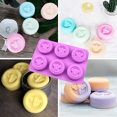 Miniatura 3 de Moldes de silicona de abeja, 2 moldes redondos de silicona con forma de colmena, 6 cavidades para hacer jabón casero, gelatina de bricolaje, bomba