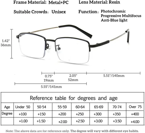 Miniatura 7 de Gafas de lectura fotocromáticas progresivas multifocal, bloqueo de luz azul, rectangular, marco de metal, bloqueo UV, lectores solares AM10