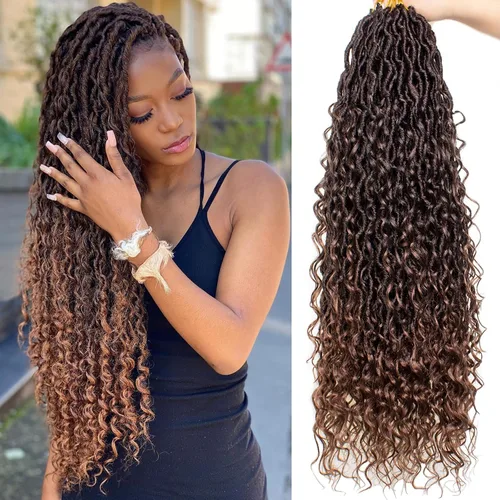 Miniatura 30 de COOKOO 14 pulgadas, 8 piezas de cabello de ganchillo Goddess Locs en total 112 hebras de pelo sintético negro natural de ganchillo de río hippie