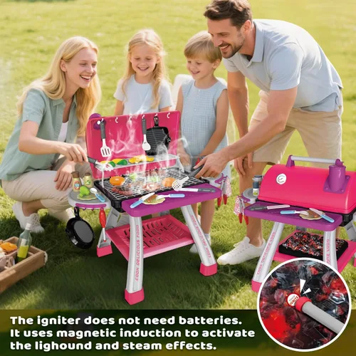 Miniatura 4 de AuroTops Juego de juguetes de cocina rosa, juego de parrilla para niños con humo, sonido y luz, juego de chef, juguetes interactivos de cocina