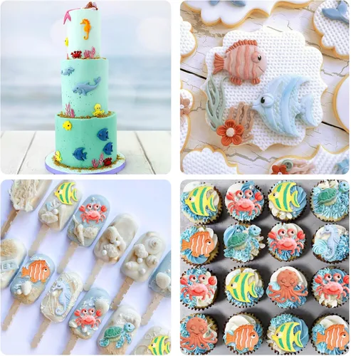 Miniatura 6 de Moldes de silicona para fondant de peces de tortuga marina, 4 paquetes de moldes de chocolate con delfín de coral marino para decoración de Pescado