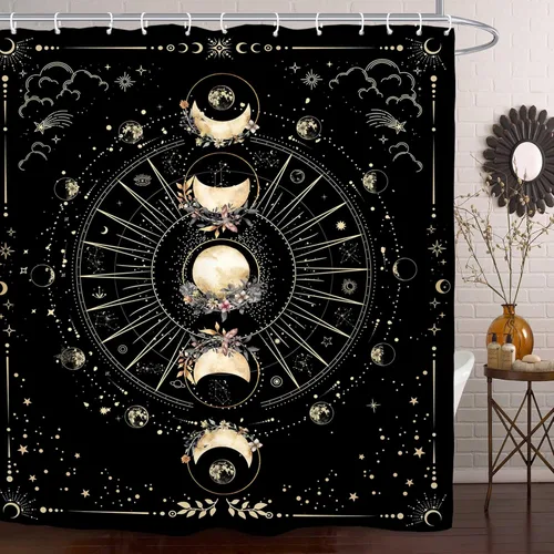Miniatura 20 de Cortina de ducha gótica del zodiaco con fases lunares, constelación, astrología, galaxia, misteriosa, tarot, bruja, estética, 60 pulgadas de ancho