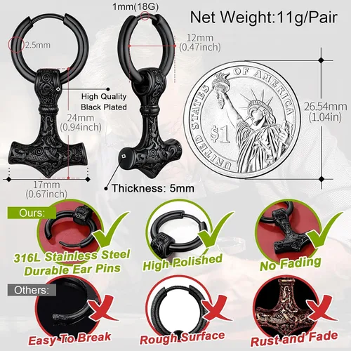 Miniatura 4 de FaithHeart Viking Thors - Aretes de cabeza de martillohachalanza para mujeres y hombres acero inoxidable chapados en oro de 18 quilates joyería