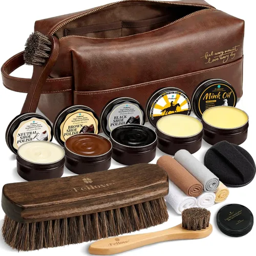 Feilove Kit de pulido de zapatos 16 en 1 – Cera para zapatos negro/marrón/neutral, jabón para silla de montar y aceite de visón (5×2.1oz) – 3