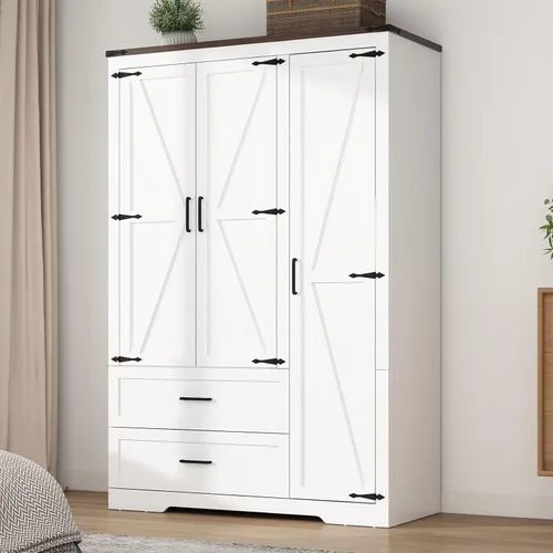 Miniatura 11 de Hlivelood Armario de 3 puertas con puertas y cajones, armario de madera de granja con estantes y barra para colgar para dormitorio, color marrón