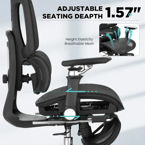 Miniatura 5 de Silla de oficina ergonómica con soporte lumbar dinámico de 3 zonas, silla de oficina de malla grande y alta con reposapiés, profundidad de asiento