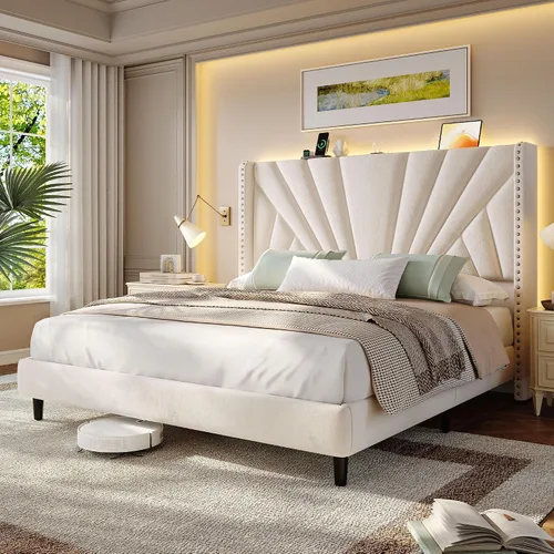 EnHomee Marco de Cama Queen con Cabecera Alta de 51" Wingback, Cama Plataforma Tapizada en Terciopelo con Estación de Carga y Luces LED, No Necesita