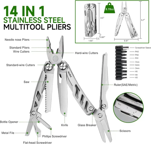 Miniatura 4 de NexTool Multiherramienta 14 en 1, alicates multiherramienta de acero inoxidable con cuchillo de bolsillo 80Cr14Mov, 2 seguros de seguridad y tijeras
