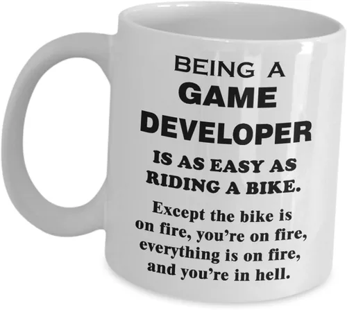 Regalo divertido para diseñador de juegos, montar una bicicleta en el fuego, taza de café, diseño de videojuegos, inspiración, diseño de taza de té,