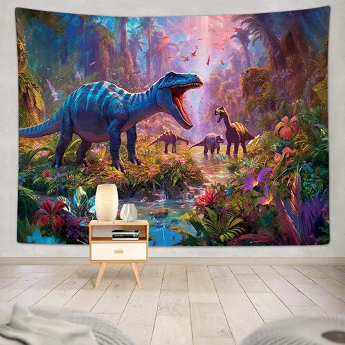 Miniatura 3 de Póster decorativo de dinosaurio para dormitorio de niños, genial animal antiguo T-Rex, tapiz de arte forestal para colgar en la pared