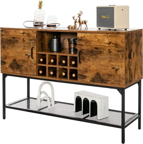 LOKO Gabinete de buffet industrial con almacenamiento, gabinete de vino de cocina para el hogar con estante para 8 botellas y estante de malla