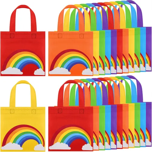 Miniatura 4 de Aneco 24 bolsas de dulces no tejidas, bolsas de regalo de fiesta de arco iris, bolsas de regalo de 8 x 8 pulgadas, 6 colores, bolsas de regalo