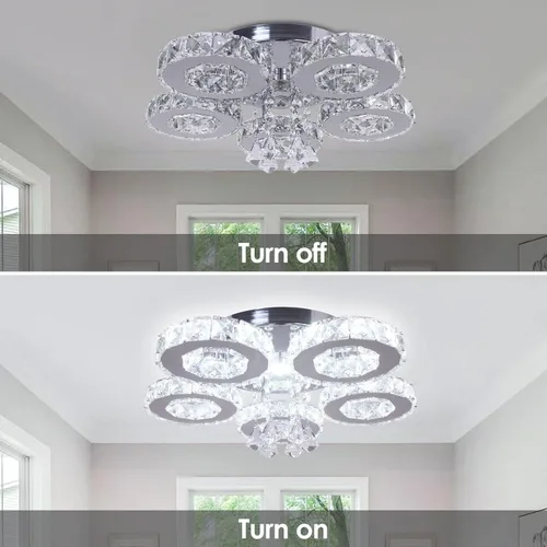 Miniatura 7 de Lámpara moderna de techo de cristal grande, lámpara de araña LED de cinco anillos, luz colgante para comedor, dormitorio, cocina