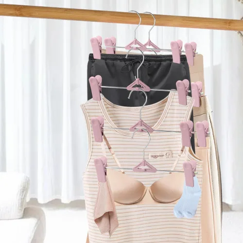 Miniatura 7 de Northern Brothers Paquete de 50 perchas para pantalones, perchas apilables con clips para faldas y pantalones cortos, de plástico que ahorran Rosa