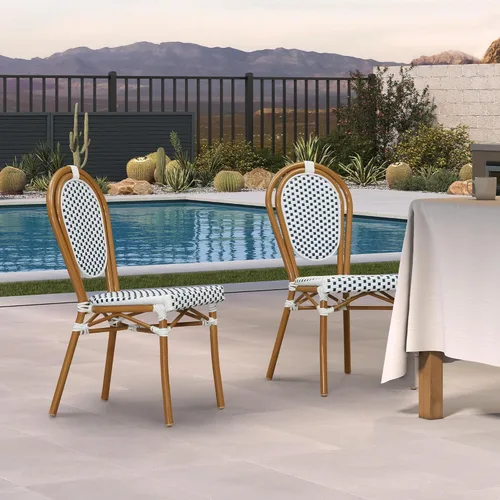 Miniatura 26 de PURPLE LEAF Juego de 1 silla de comedor al aire libre, marco de aluminio francés en acabado de bambú con ratán tejido ámbar y blanco para cocina