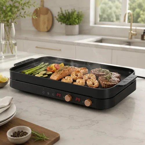 Miniatura 2 de COOKTRON Placa de inducción portátil de 2 quemadores con parrilla de hierro fundido removible antiadherente, placa de inducción doble de 1800W