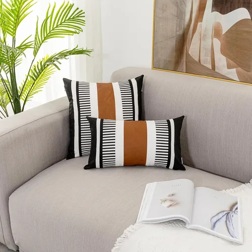 Miniatura 5 de Fundas de almohada lumbar a rayas bohemias de 12 x 20 pulgadas, funda de almohada de cuero moderna para sofá, decoración del hogar rural, color Negro