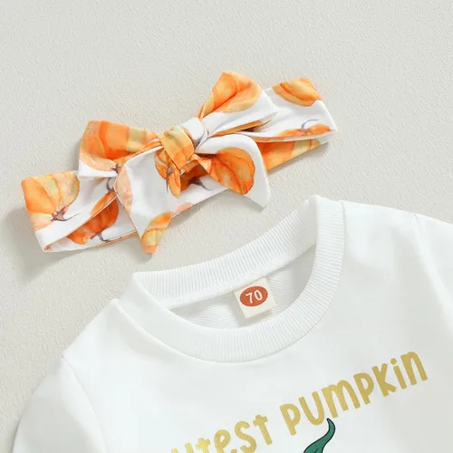Miniatura 2 de Ropa de invierno para bebé niña, sudadera de cuello redondo con diseño de calabaza, pantalones deportivos de flores, diadema para niños pequeños