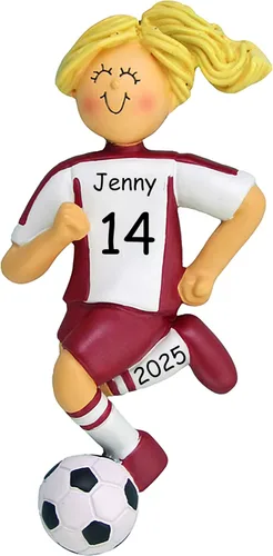 Miniatura 12 de Adorno de Navidad personalizado de fútbol, uniforme blanco y negro, niña, cabello rubio, bola de regate, resina pintada a mano, 4.5 pulgadas
