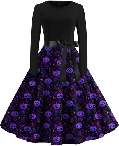 Vestido de Halloween para mujer, de manga larga, con vuelo, de cóctel de los años 50, vestido de calabaza y esqueleto impreso, disfraz de fiesta de