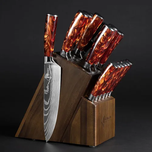 Miniatura 10 de SENKEN - Juego de 16 cuchillos de acero inoxidable japonés de alto carbono con patrón de damasco, asas de resina azul, 6 cuchillos para carne