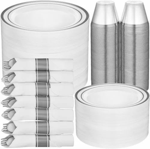 Miniatura 7 de R-kay Juego de vajilla de plástico dorado de 350 piezas para 50 invitados, platos de plástico dorado para fiestas, platos de fiesta y tazas