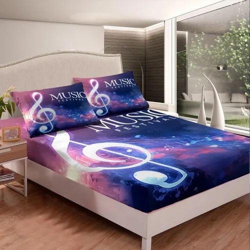 Juego de ropa de cama ajustable con diseño de notas musicales rojo y azul, juego de sábanas para niños, mujeres y hombres, decoración de habitación,