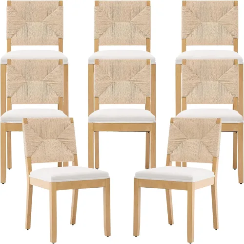 Miniatura 69 de Juego de 2 sillas de comedor de campo francés, sillas de comedor de madera de granja beige, silla de comedor con respaldo tejido con cojín tapizado